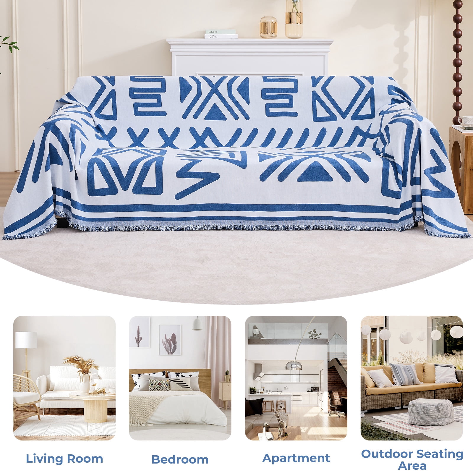 Sanmadrola Boho Sofa Cover Chenille Couch Covers Blanket Furniture Protector for Sectional Sofa, Anti Slip Couch Covers for 2 Cushion Couch, Washable Slipcover for Dog (Blue, 71"x102")