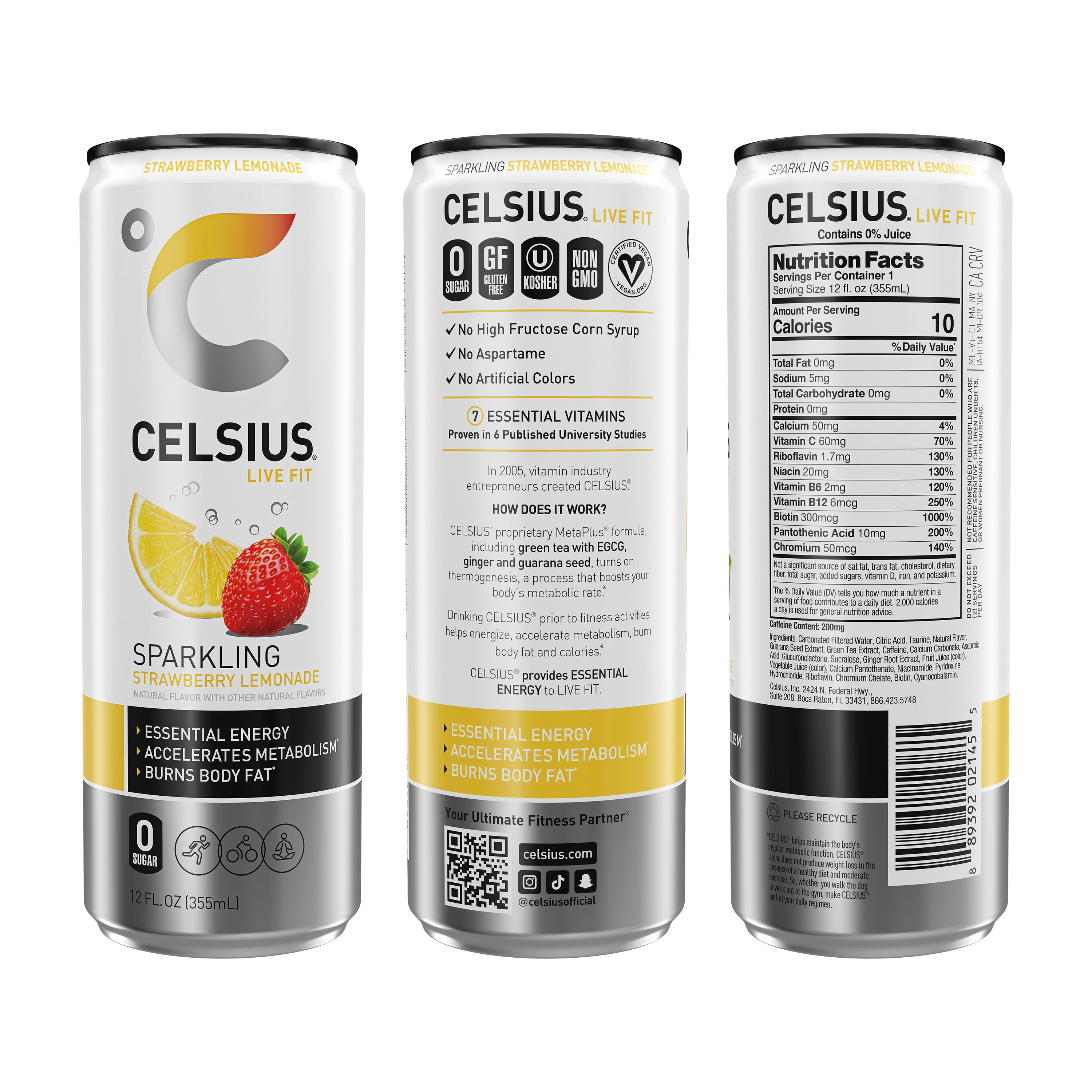 CELSIUS Sparkling Strawberry Lemonade, Functional Energy Drink 12 fl oz Can (Pack of 12)