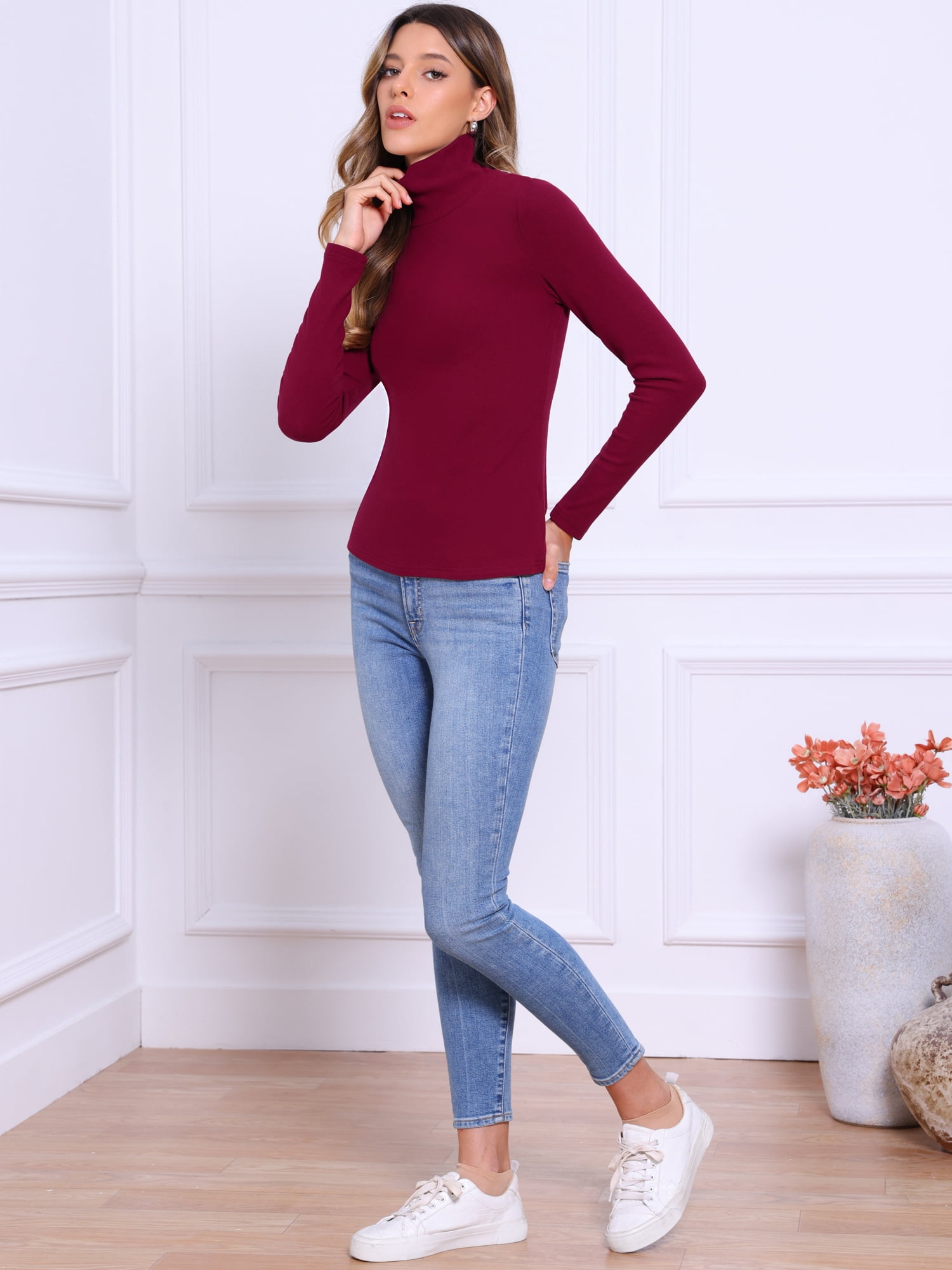 DARING DIVA Women's Mock Turtleneck Long Sleeve Fitted Pullover Sweater L Wine Red