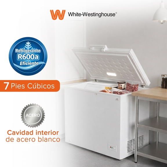 White Westinghouse  Congelador 7 pies 200 L   WWCCF071200LHWSD Ruedas  Condensador interno  Control dual de temperatura  Canastilla interior  Cerradura con llave