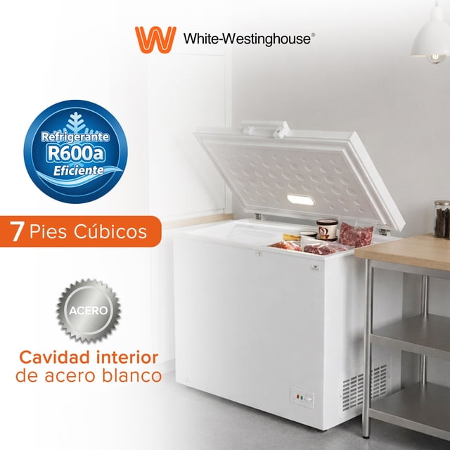 White Westinghouse Congelador 7 pies 200 L WWCCF071200LHWSD Ruedas Condensador interno Control dual de temperatura Canastilla interior Cerradura con llave