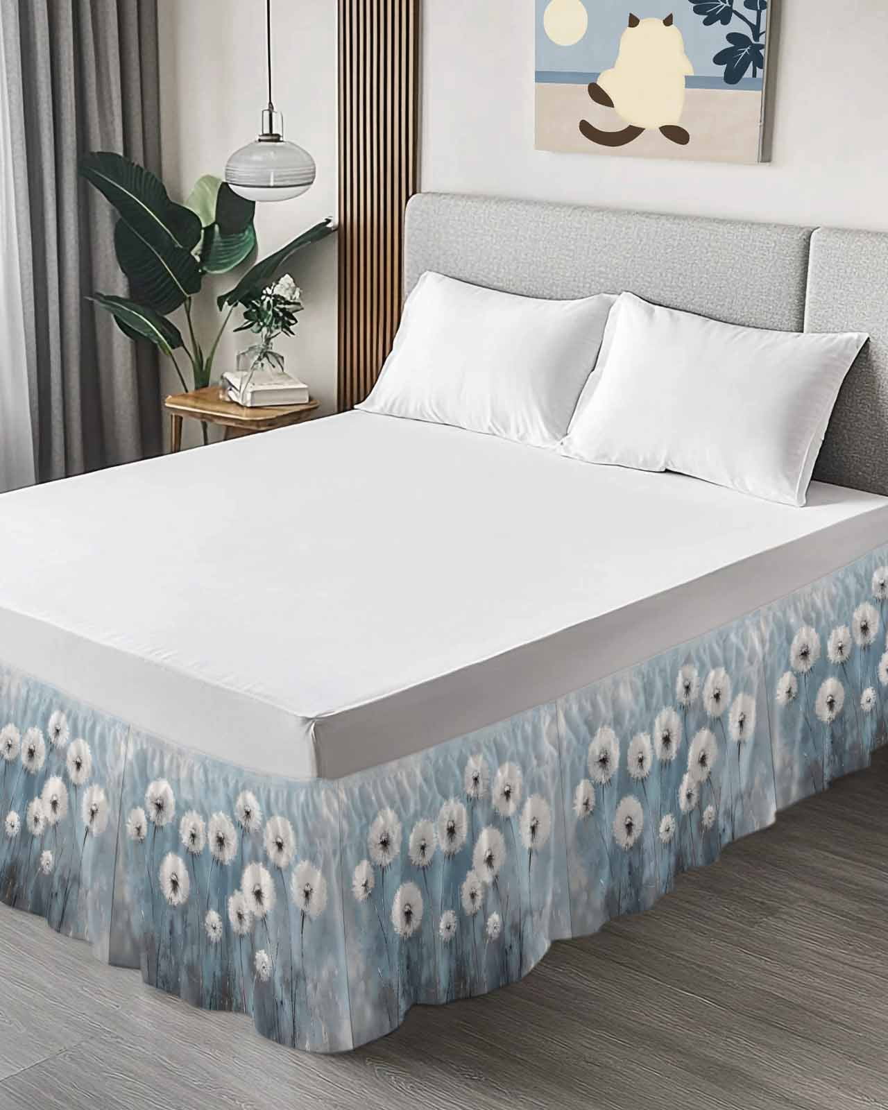 White Dandelion Wrap Around Bed Skirts for Queen Bed 16" Drop,Bed Skirt with Adjustable Elastic Belt Dust Ruffle Bed Valance for Bedroom Hotel Blue Oil Painting Retro Modern Art Bed Frame Cover