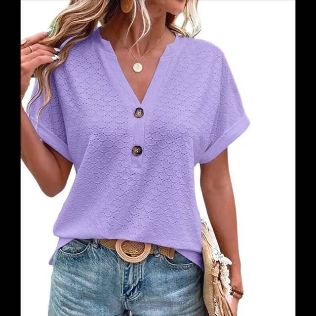 Tops Henley de Corta con Cuello en V para Mujer, Morados, Talla S