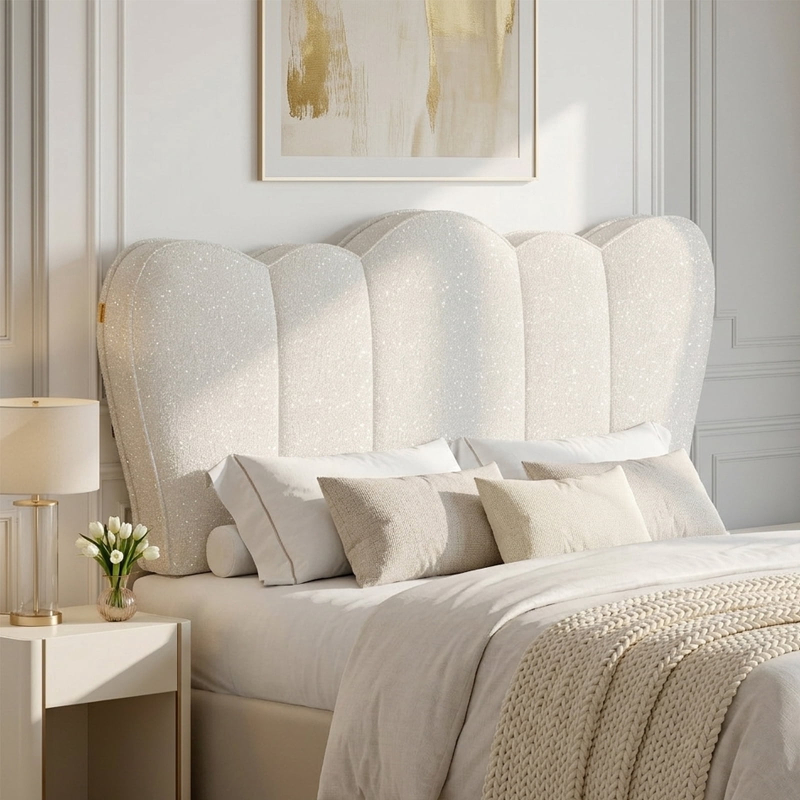 Pinmoco Chenille Upholstered Headboard for Queen Bed, Height Adjustable Crown-Shaped Headboard, Starry Beige