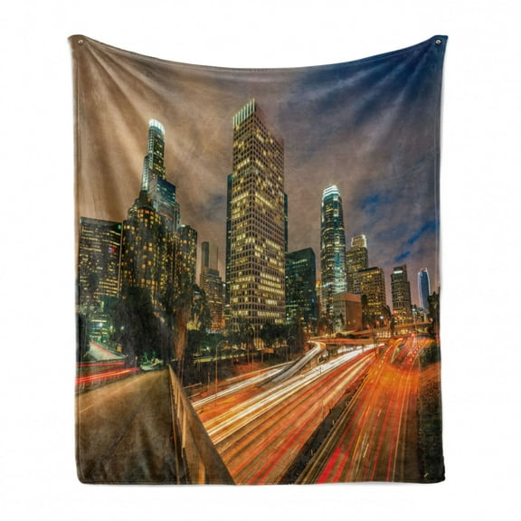 City Soft Flannel Fleece Throw Blanket, Slow Shutter Speed Photography of Los Angeles Highway Skyscrapers Motion Blur, Cozy Plush for Indoor and Outdoor Use, 50" x 70", Multicolor, by Ambesonne