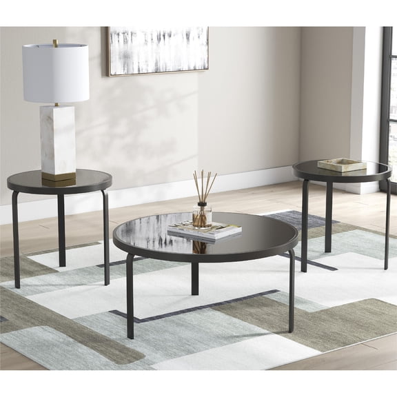 Signature Design by Ashley Dorylin Occasional Table Set, Coffee Table and 2 End Tables, Black Metal and Glass