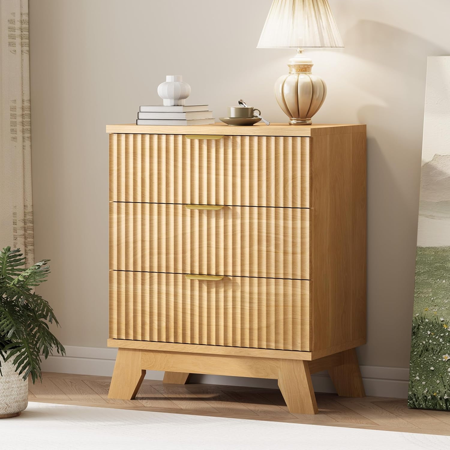 Fluted Dresser for Bedroom with 3 Drawers 24 Wide Modern Chest of Drawers with Metal Handle Wooden Dresser TV Stand Wood Closet Clothes Storage Organizer for Living Room Hallway Natural Oak