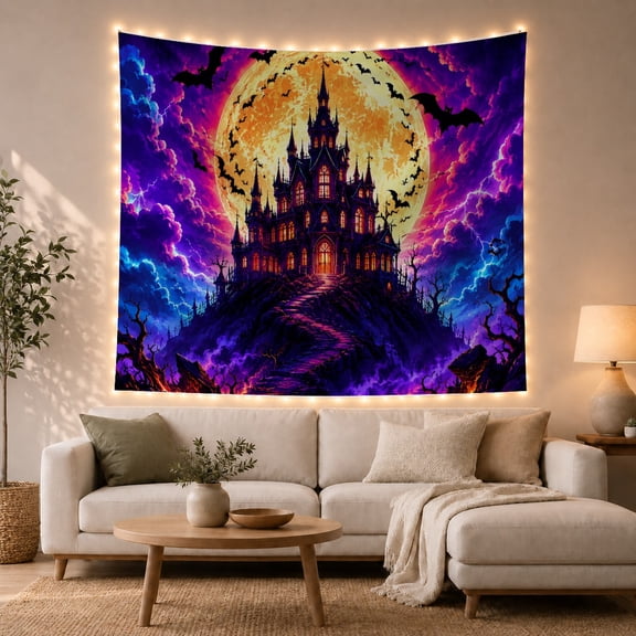 Haunted Castle on Rocky Hill with Full Moon and Bats, Spooky Gothic for Halloween Enthusiasts, Dramatic Wall Art Decor, Halloween Gift, Tapestry Wall Hanging for Bedroom and Living Room