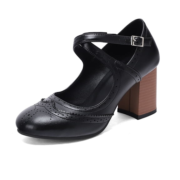 SACFOF Chunky Heel Ankle Strap Pumps for Women Closed Round Toe Comfortable 3 Inches Low Heel Mary Janes Leather Dress Shoes Office Working Party Event Prom Business
