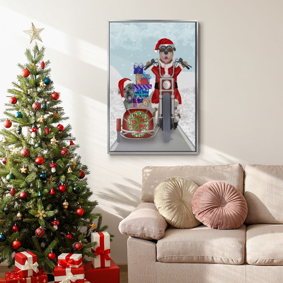 Christmas Mutts Christmas Chopper - Framed Gallery Wrapped Holiday Canvas - 17 x 25 - Silver Frame