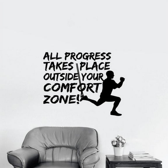 All Progress Takes Place Outside Your Comfort Zone! - Quote Exercise Motivation Fitness Inspiration Vinyl Wall Art Sticker Wall Decal Home Gym Workout Area Fitness Room Decoration Size (18x20 inch)
