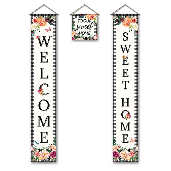 3 Pcs/Set Welcome To Our Sweet Home Sunflower Banner Door Hanging Flower Butterfly Banner Hanging Decorations Welcome Couplet Sign Set for Home Front Door Porch Decor 180x30 cm Material Polyester