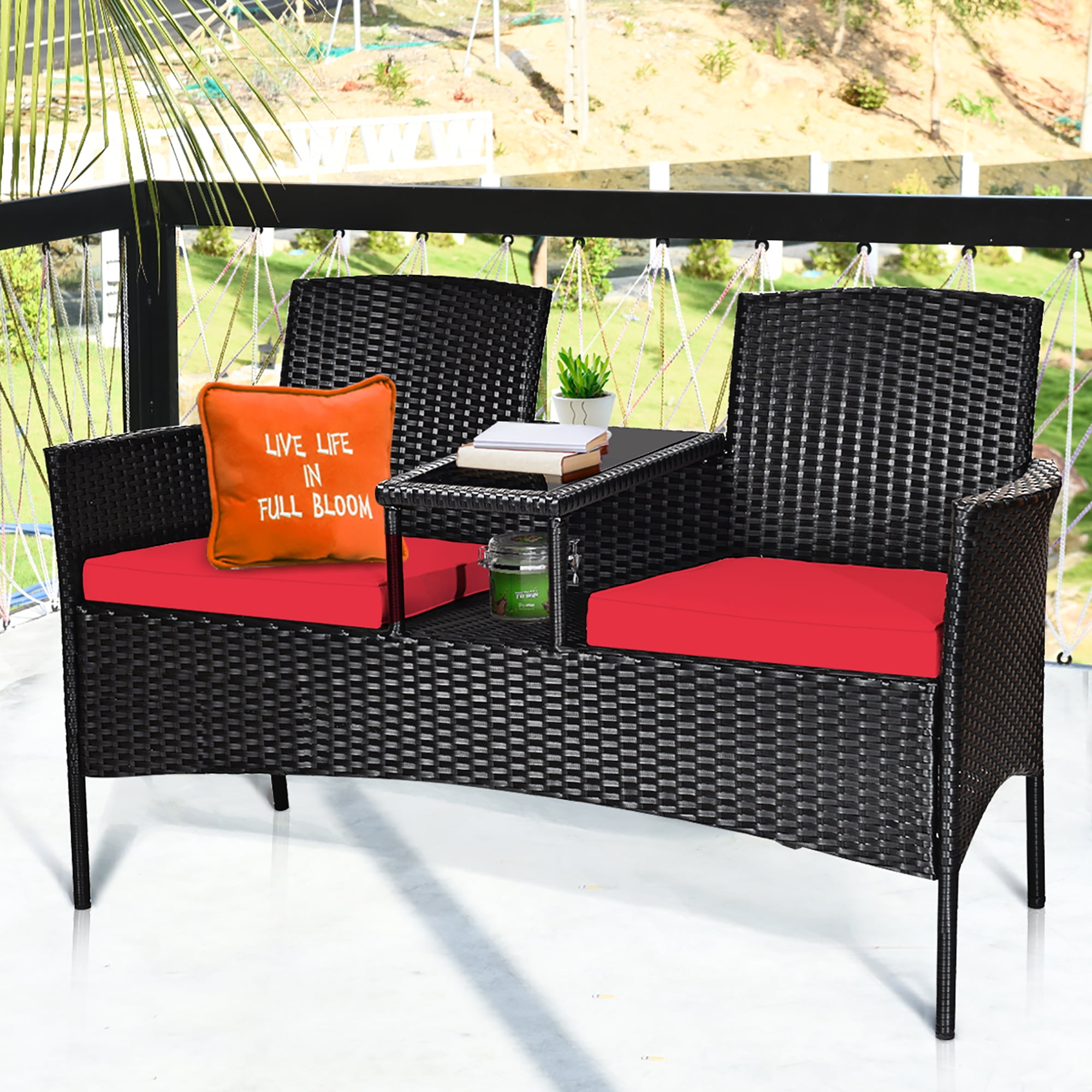 Goplus Patio Rattan Conversation Set Seat Sofa Cushioned Loveseat Glass Table Chair Red Walmart Com Walmart Com