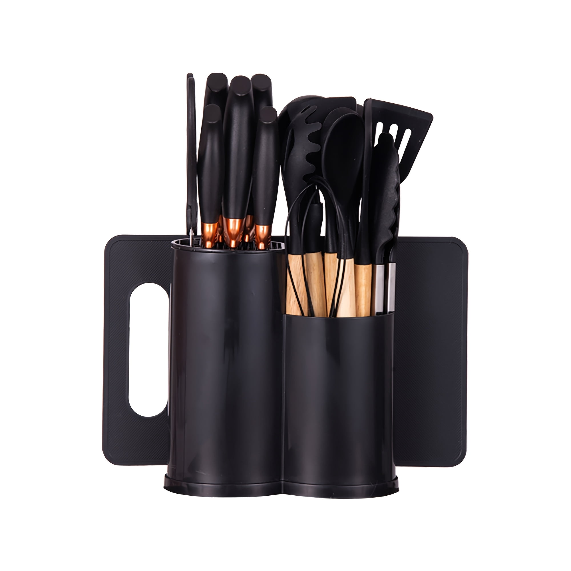 19pcs All-In-One Kitchen Knife & Utensil Set with Block | Silicone Cooking Tools & Stainless Steel Knives with Wooden Handles | Includes Cutting Board & Scissors | Ideal Housewarming & Dorm Gift