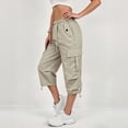 thumbnail image 6 of LEAVINGSUO Cargo Pants Women Solid Color Casual Straight Leg Stretch Waistband Pocket Workwear Capri Pants Khaki S, 6 of 7