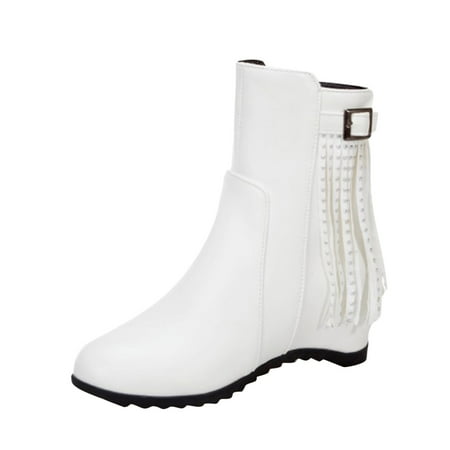 

nsendm Womens Flat Boots Tan Ladies Solid Color Leather Tassel Belt Buckle Side Rain Boots for Women Size 9 Wide Calf White 7.5