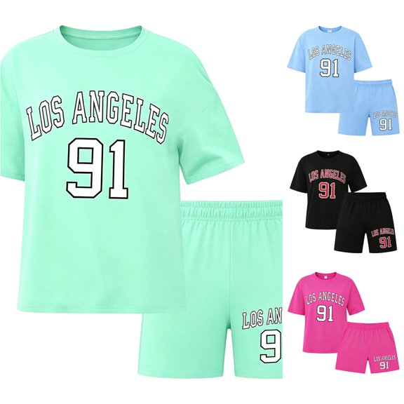 SGMVNU Girls 2Pcs Clothes Summer Outfits Graphic Letter Print Tee Shirt and Casual Biker Shorts Kids Streetwear Clothing Set, Size 5-6 Years, Light Green