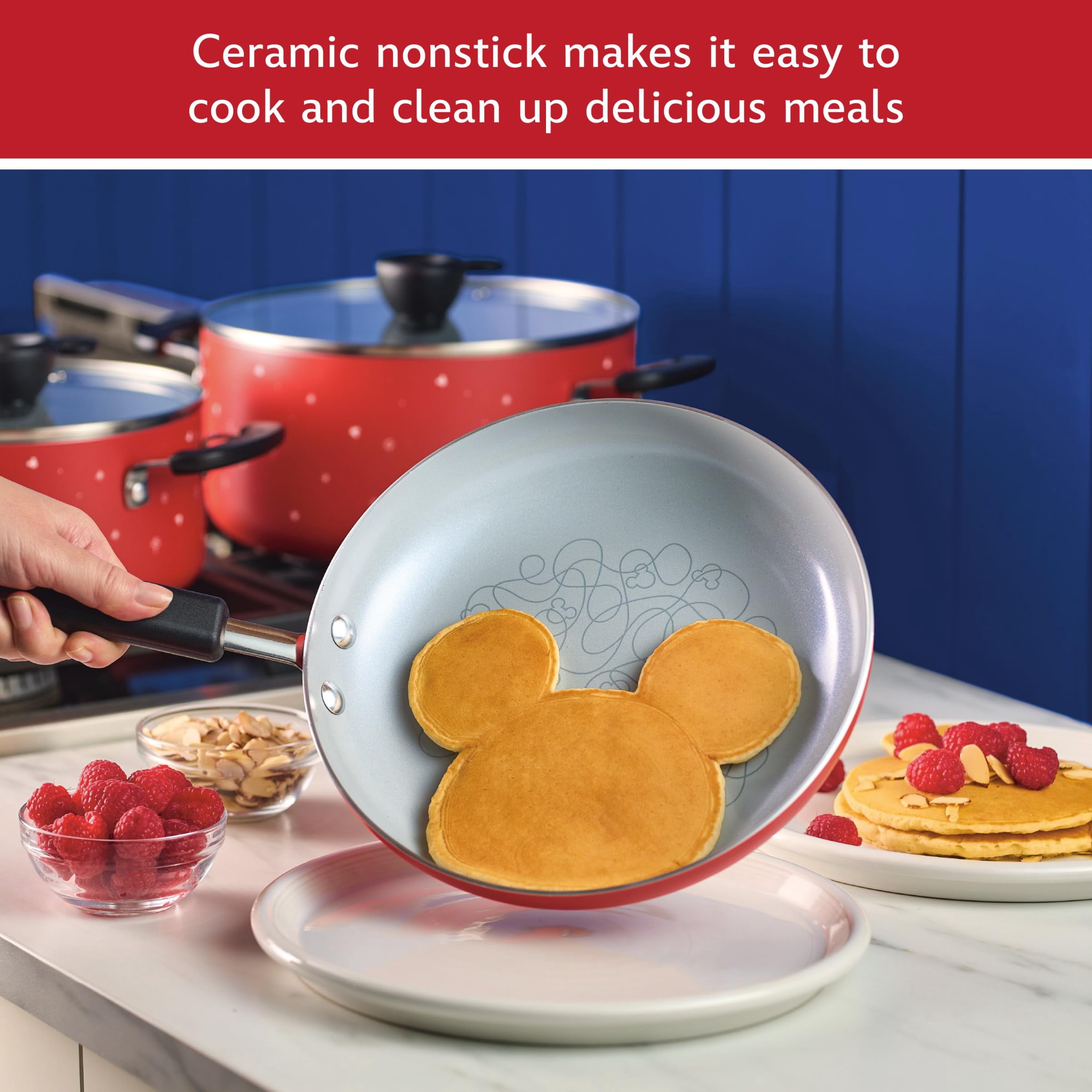 Farberware Ceramic Nonstick Pots and Pans Set with Baking Sheet/Cookie Pan and Disney Home Kitchen Tools, 8 Piece Non Stick Cookware Set - Red