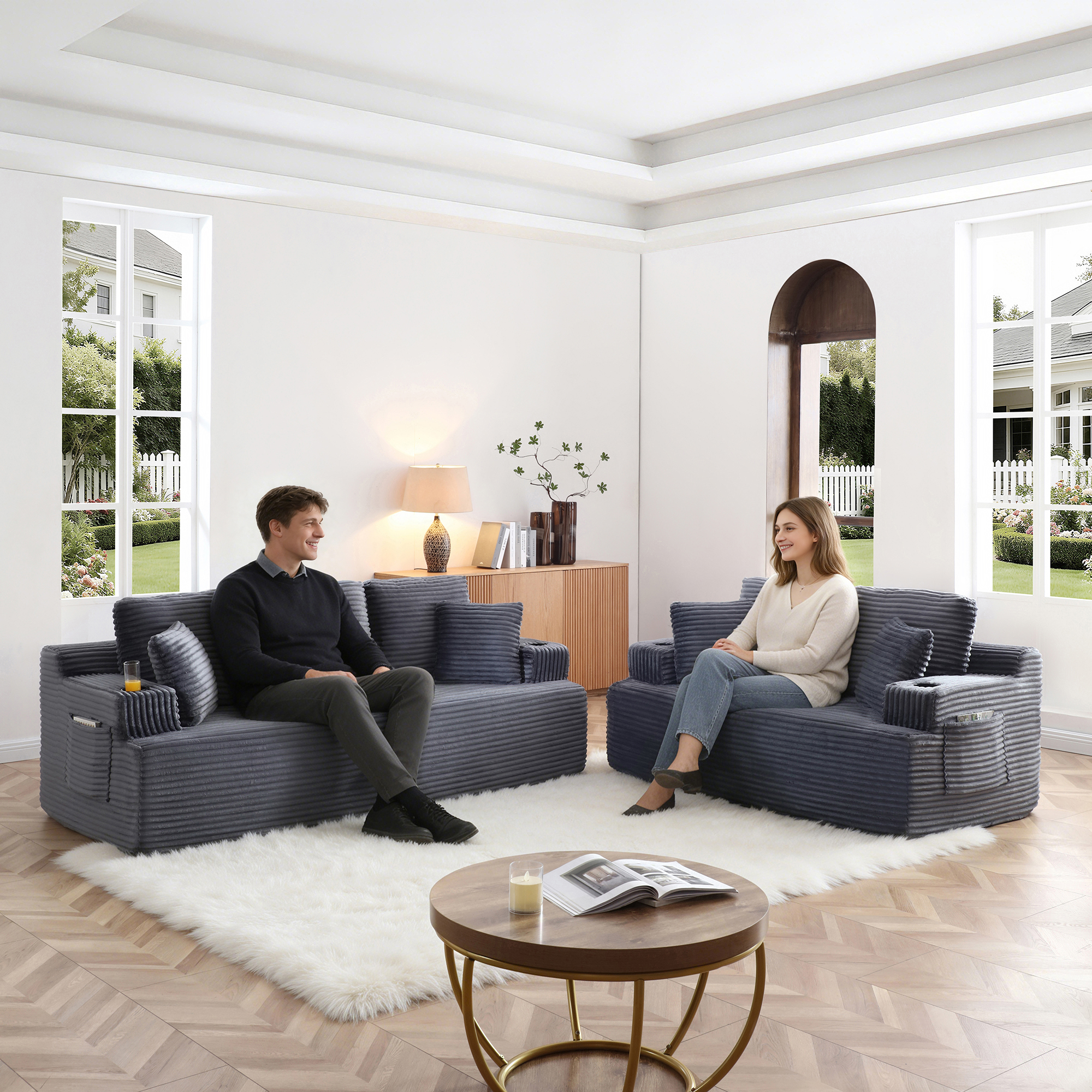Miniyam 3-Seater Cloud Couch, Classic Corduroy Sofa with Side Pockets for Easy Living, No Assembly Required, Fits Most Living Rooms (Grey)