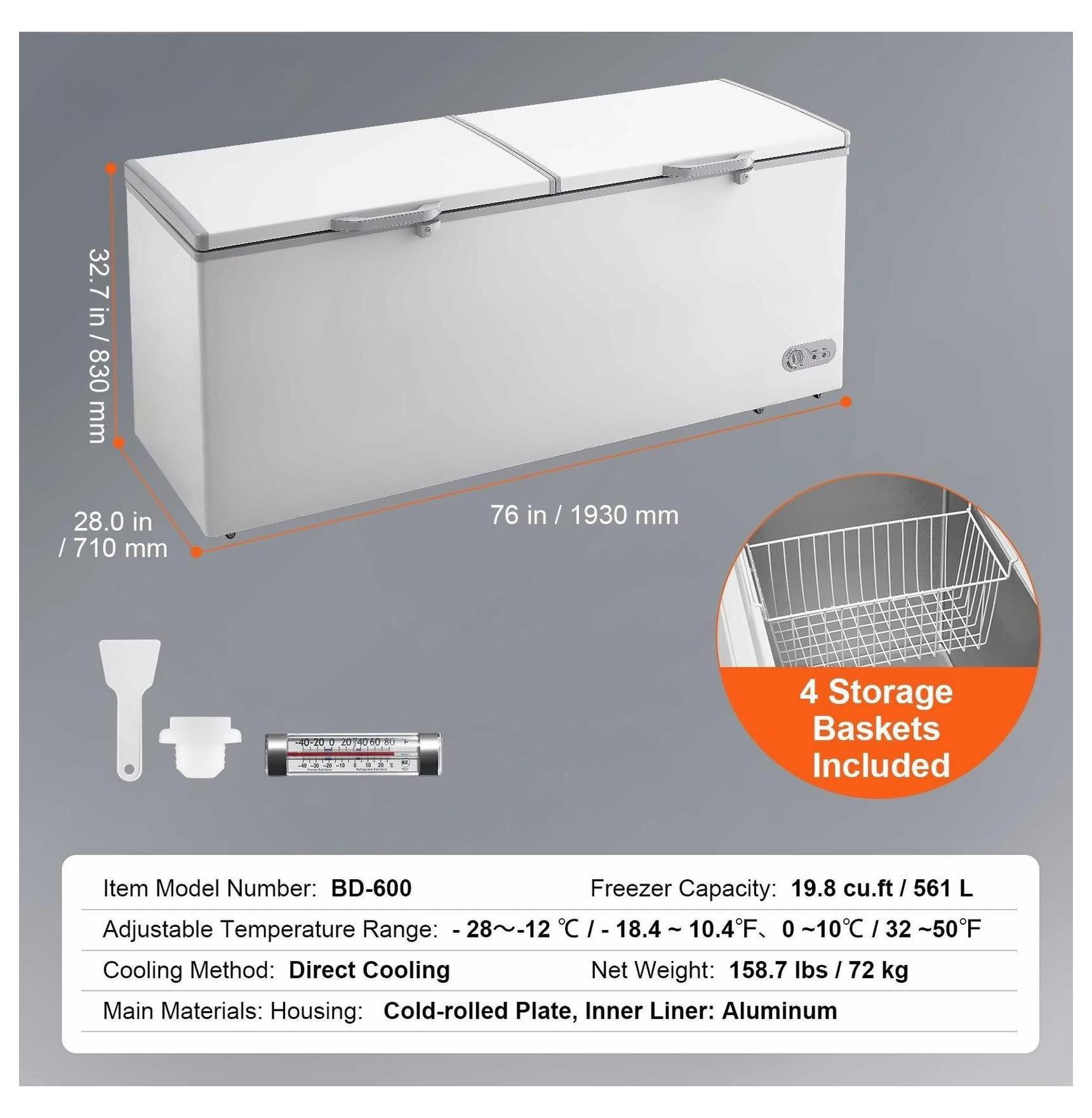 Chest Freezer 19.8 Cu.ft Large Deep Freezer with Baskets - Commercial Freestanding Freezer, Adjustable Temp, LED Light, 6 Wheels - Food Preservation