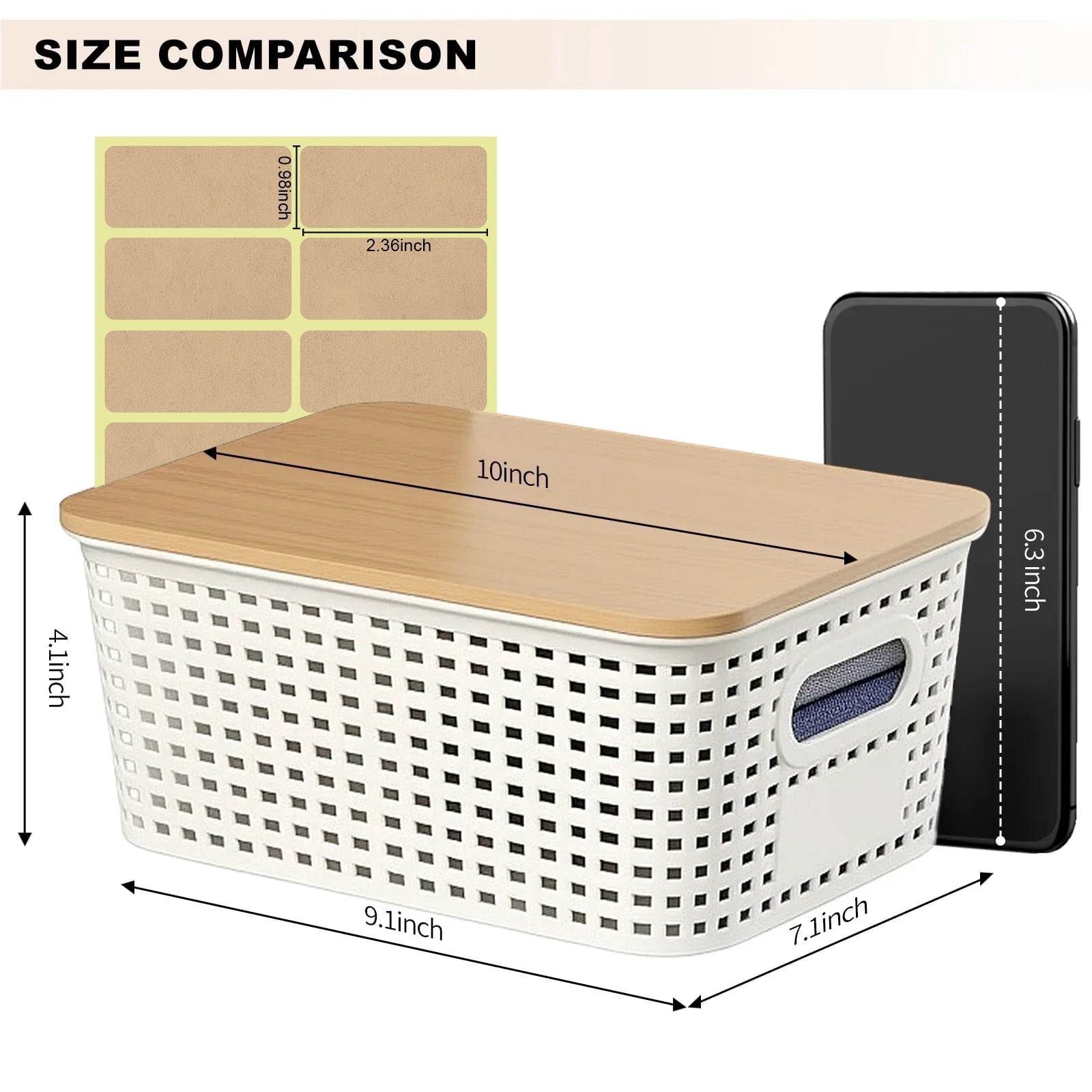 Yij2 6 Pcs Small Storage Bins with Bamboo Lids, Plastic Stackable Storage Basket with Label,Organizing Bins for Shelves,Desktop,Office, Bedroom, Dorm,Classroom,White