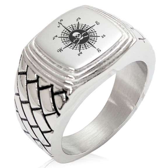 Stainless Steel Pirate Skull Compass Geometric Pattern Step-Down Biker Style Polished Ring