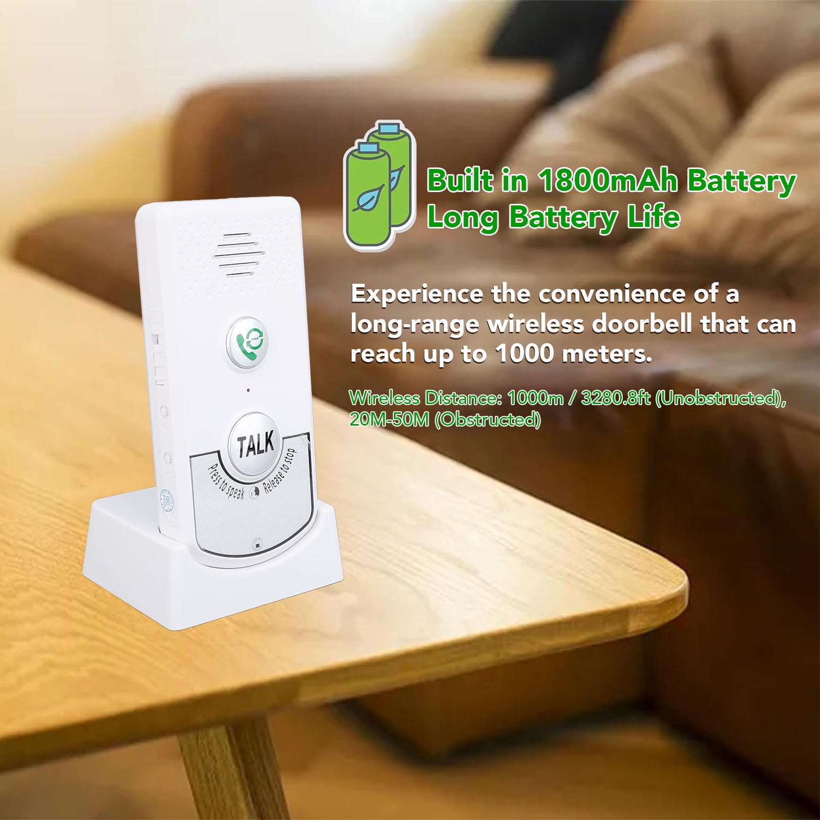 Yajisi 2‑Way Wireless Doorbell Intercom Kit – 1000 m Range, 1800 mAh Battery, Water‑Resistant Outdoor Unit, Smart Doorbell Core