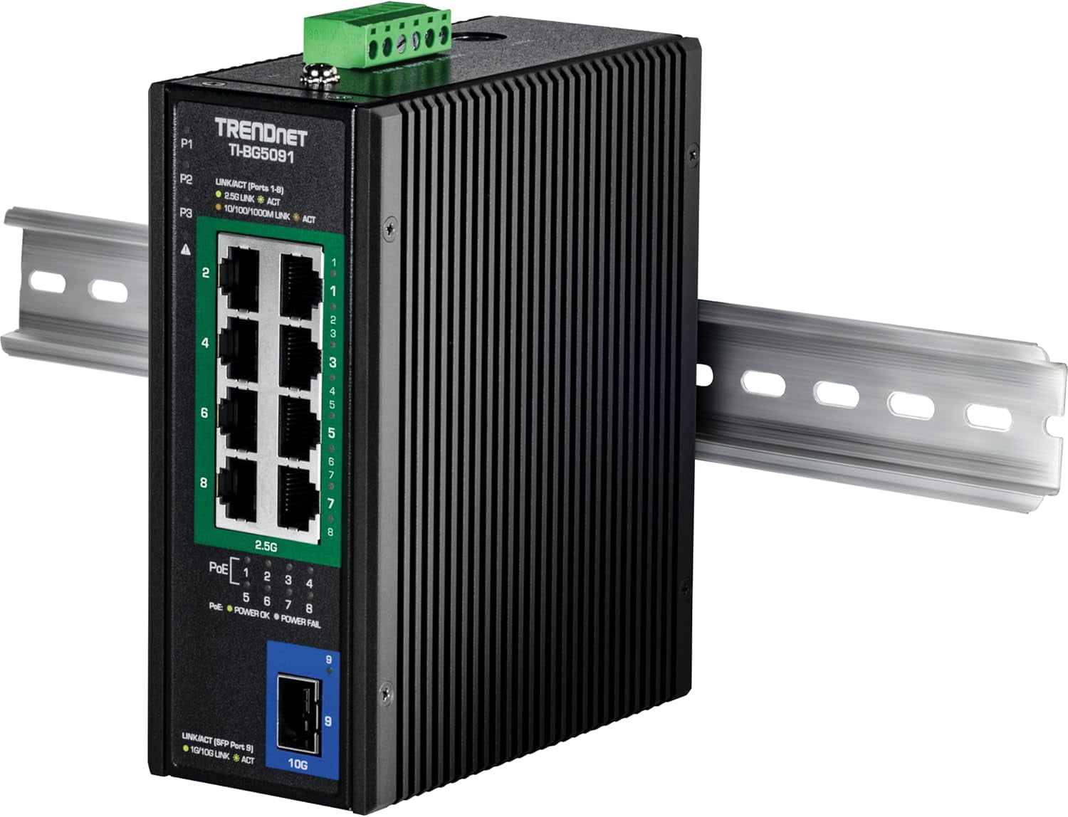 TRENDnet TI-BG5091, 9-Port Industrial 2.5G DIN-Rail PoE++ Switch with 10G SFP+ Port