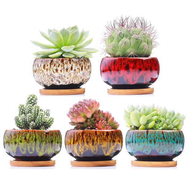 LAMDAWN Lindas macetas de cerámica para jardín con drenaje y platillo adjunto, juego de 5, plantas no incluidas (redondas)
