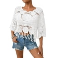 thumbnail image 2 of Women's Plain Fringe Trim Cut out Sheer Cover Up, Boho Scallop Trim 3/4 Sleeve Round Neck Cover up for Vacation, 2 of 5