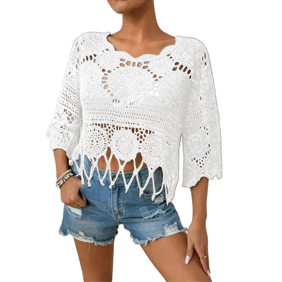 Boho Scallop Trim Crochet Beach Cover Up for Women Plain Fringe Trim 3/4 Sleeve Crew Neck Sheer Swimwear Coverup