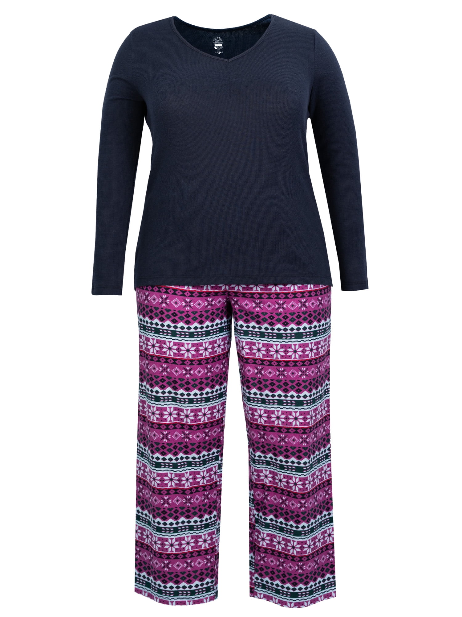 Fruit of the Loom Women's Beyond Soft Long Sleeve Waffle Top and Flannel Bottom Pajama Set, Sizes S-4X