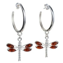 Sterling Silver and Baltic Amber Post Back Honey Dragonfly Hoop Earrings