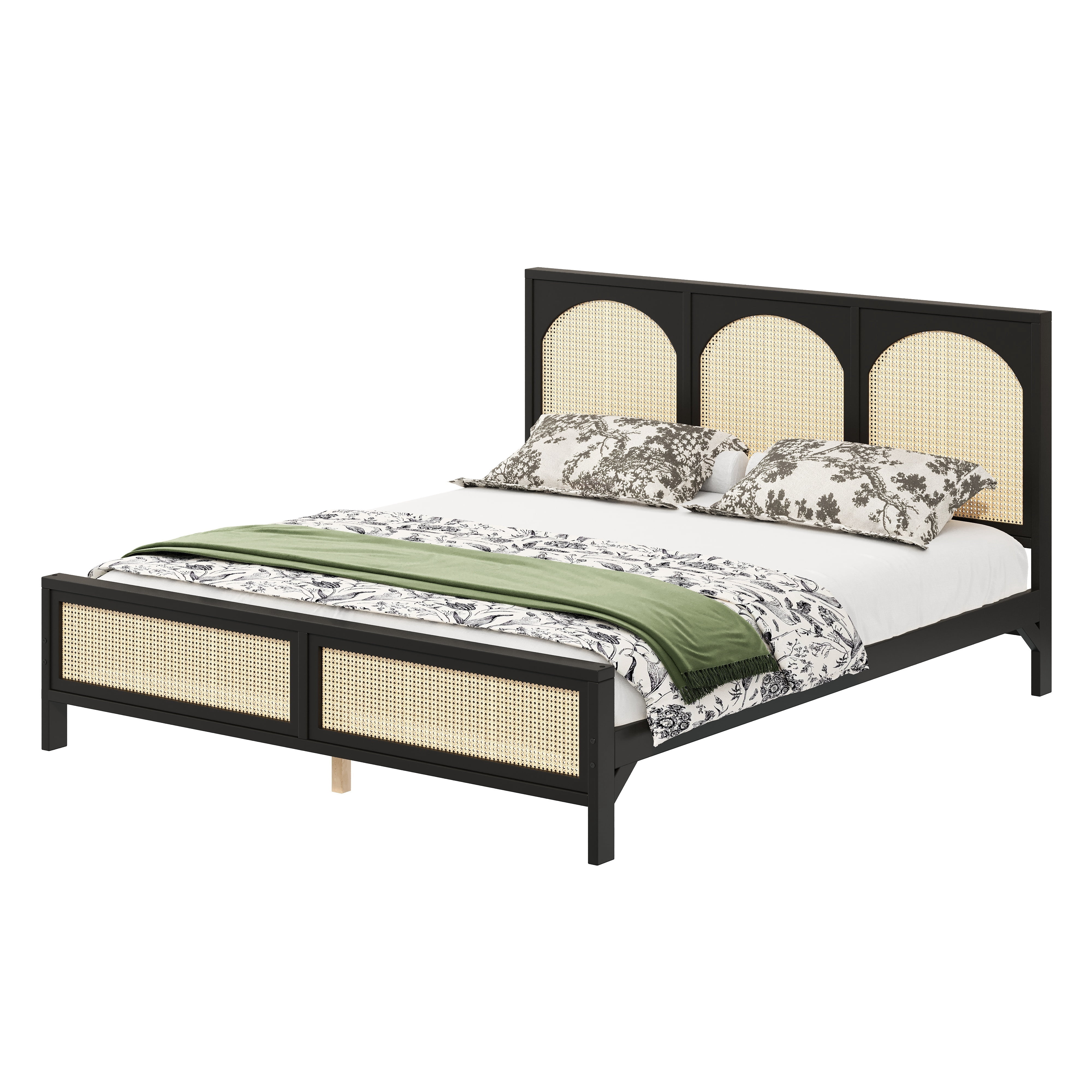 Euroco Queen Size Platform Bed with Rattan Headboard, Black