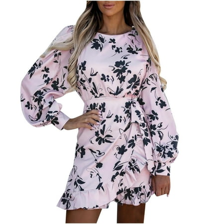 Lilgiuy Women Round Neck Printing Long Sleeve Lacing Slim Irregular Hem Dress Beige Fall Dresses for 2022 Spring Winter