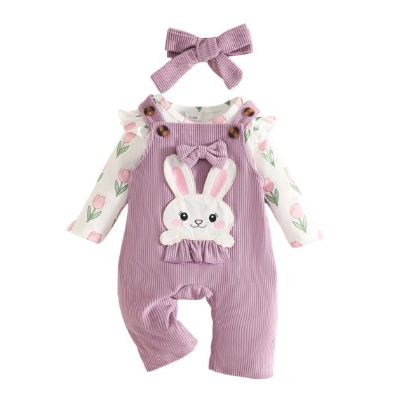 Tisuna Fall Outfit Set For Kids Girls Elegant Long Sleeve Crew Neck Floral Print Romper And Suspender Pants Headband Outfits Children'S 3 Pieces Casual Wear Clothes Set Size 6-12 Months