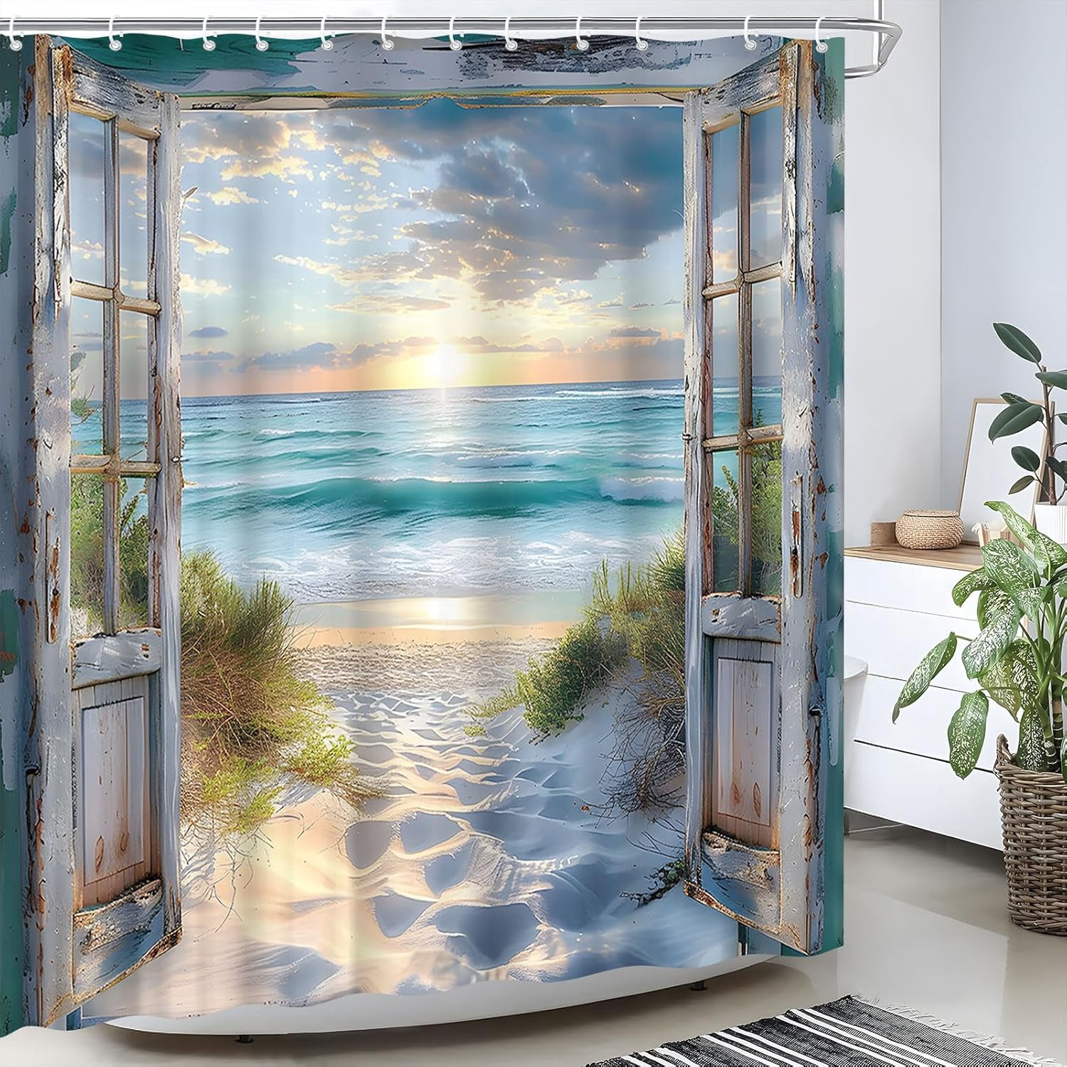 Beach Barn Door Shower Curtain Blue Ocean Sea Wave Retro Farmhouse Wood Rustic Beachy Nautical Coastal Seaside Sea Hawaiian Sunset Landscape Fabric Bathroom Decor Curtain Sets with Hooks 72" WX72" H