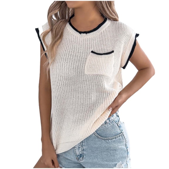 Ltctricy Women's Tops Cap Sleeve Crew Neck Hollow out Crochet Knit Pullover T-Shirts Lightweight Sweater Blouses with Pocket