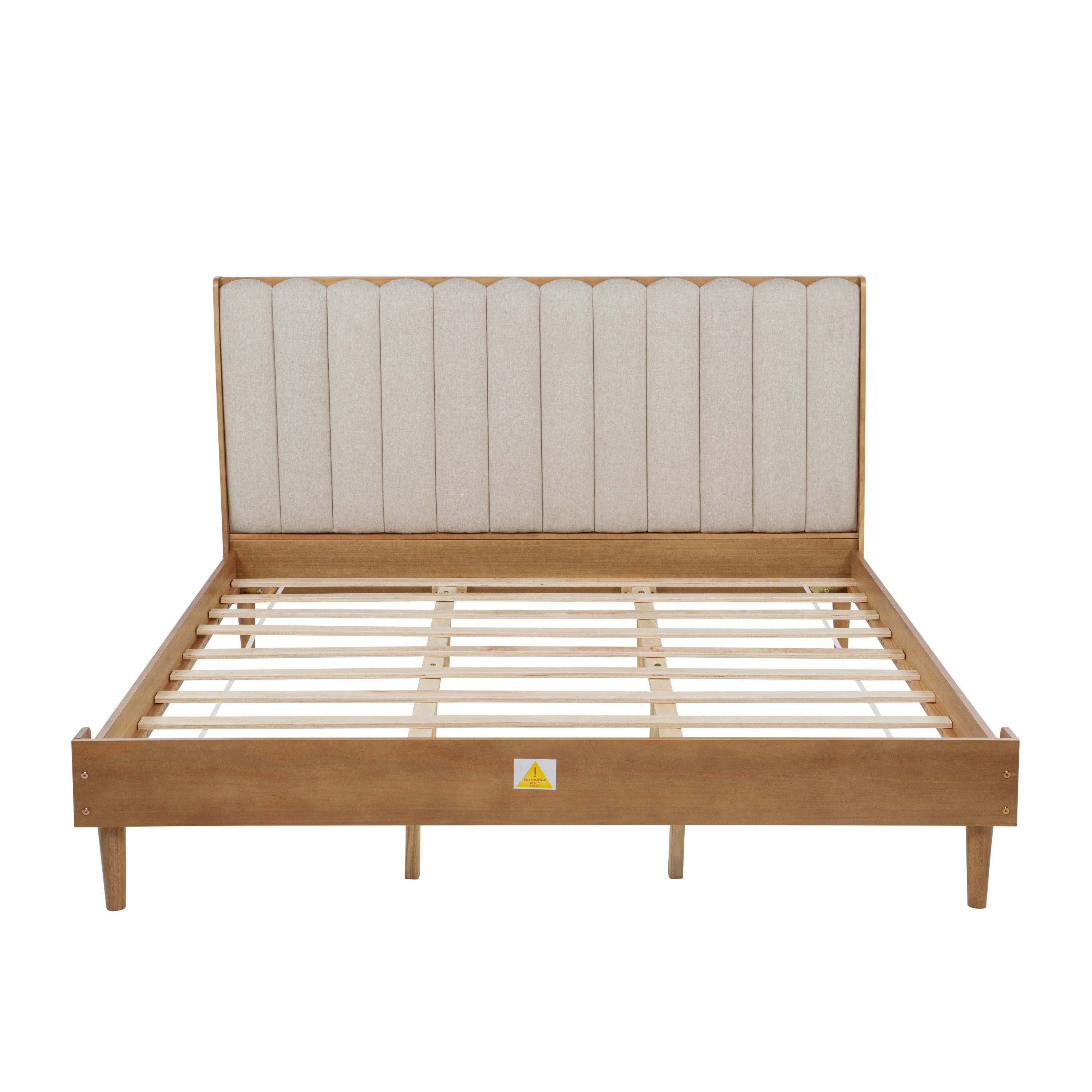 Sailvan Wood Bed with Piano Key Style Upholstered Headboard, Wood Bed with Strengthened Bed Frame