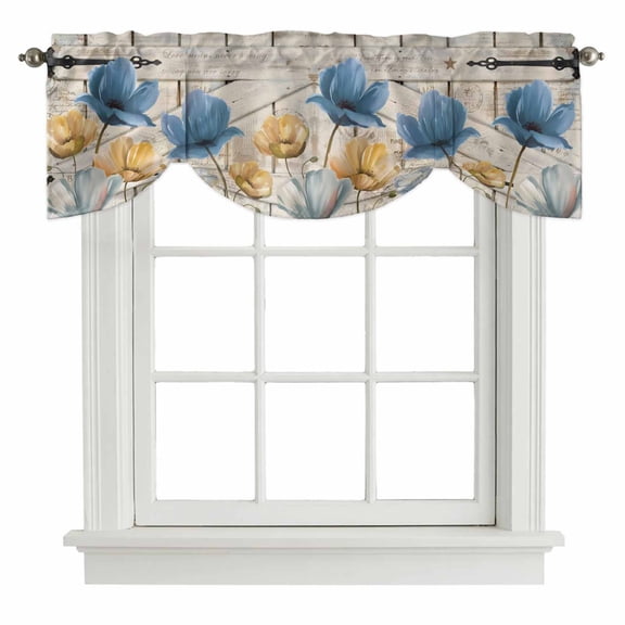 Tie Up Valances for Windows, Blue Yellow Tulips Adjustable Valance Curtains Window Treatment for Living Room, Retro Farmhouse Flower Barn Doors Wooden Rod Pocket Kitchen Curtains & Drapes 60x18 Inch
