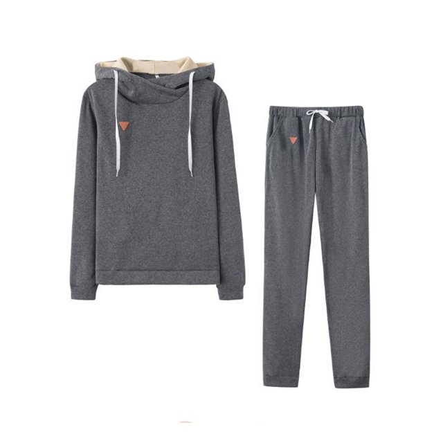 LUXUR Ladies Solid Color Two Piece Outfit Fleece Fuzzy Sports Hooded Sweatshirts And Sweatpants Dark Gray S