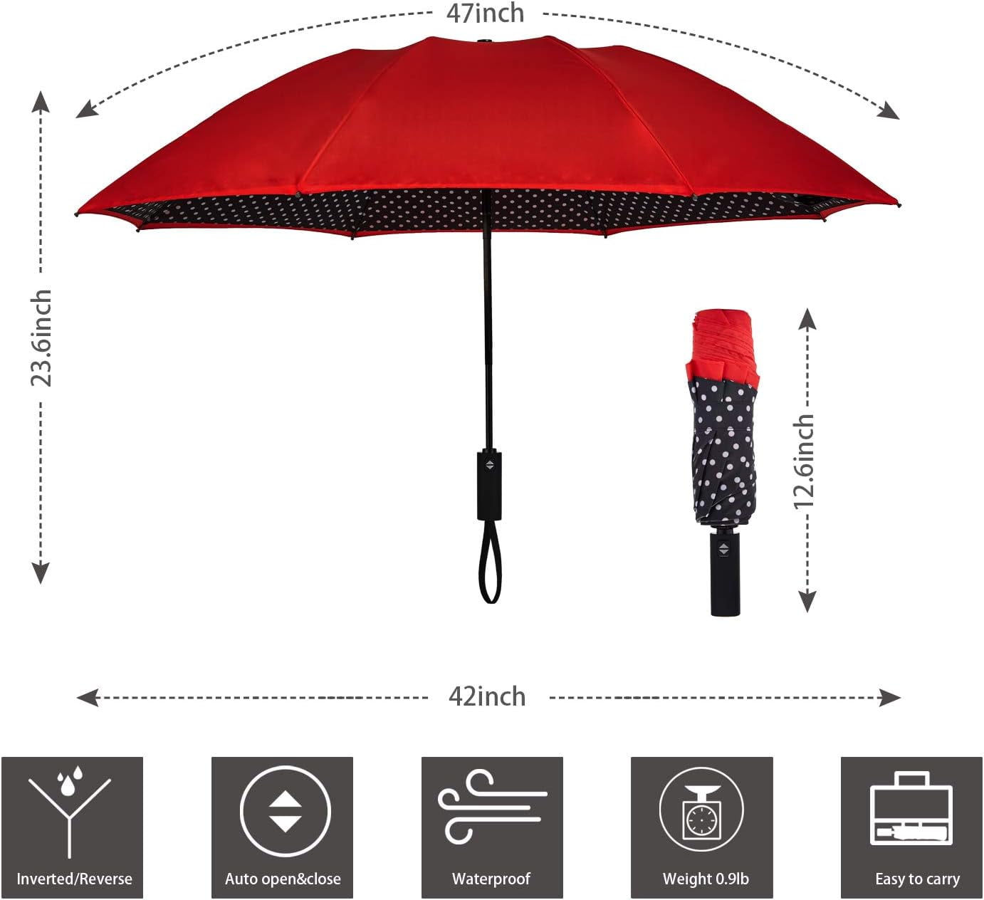Kabum Inverted Umbrella Double Layer Automatic Folding Reserve Umbrella Windproof UV Protection for Rain Car Travel Outdoor Men Women, Red Dot