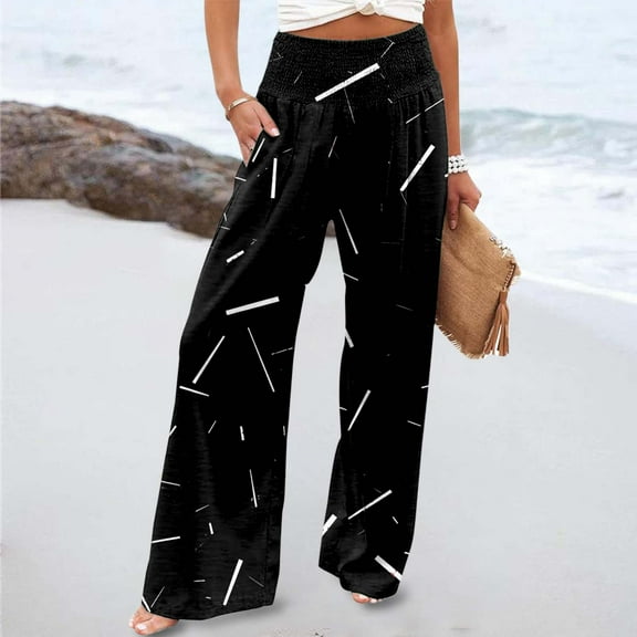 Women's Printed Elastic High Waist Wide Pants Casual Wide Leg Long Casual Belt Pocket Dress Clothes for Women Business Casual Pants Suit Womens Convertible Pants Casual Beach Cover up Pant Stretchy