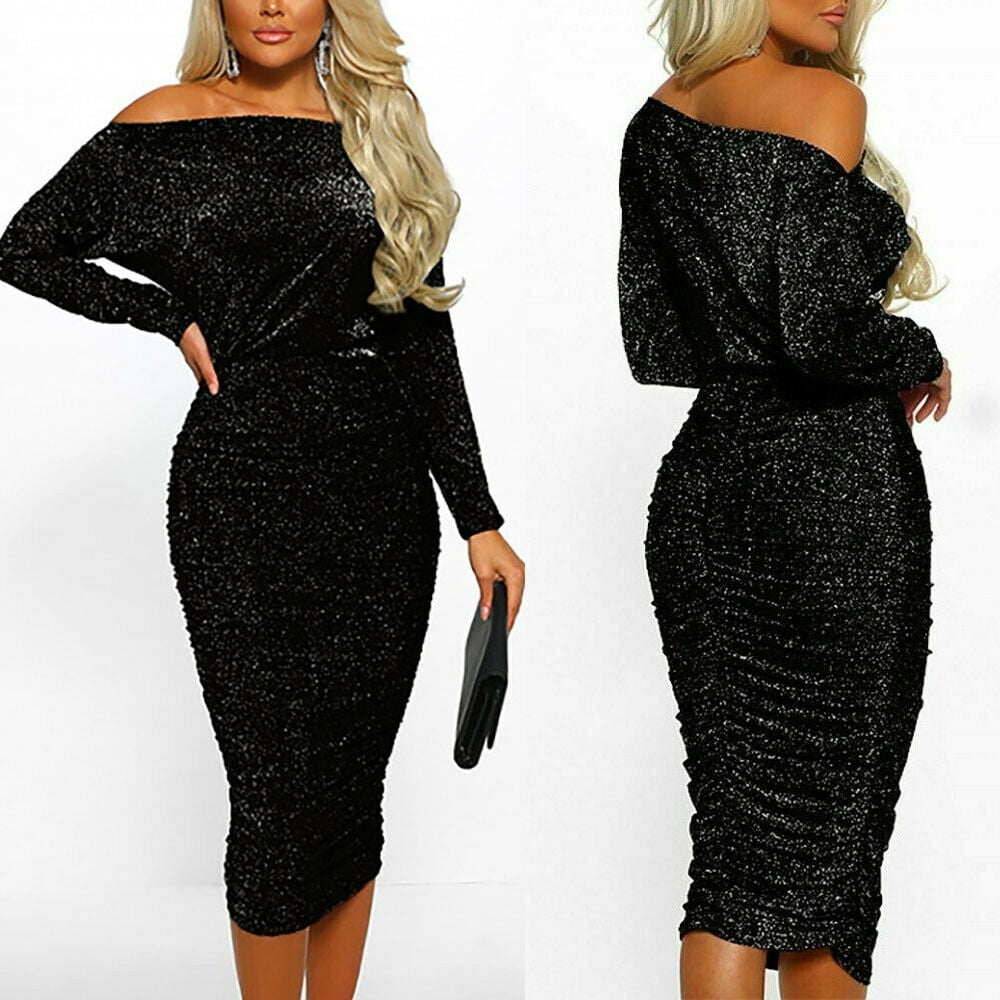 glittering off shoulder bodycon midi dress
