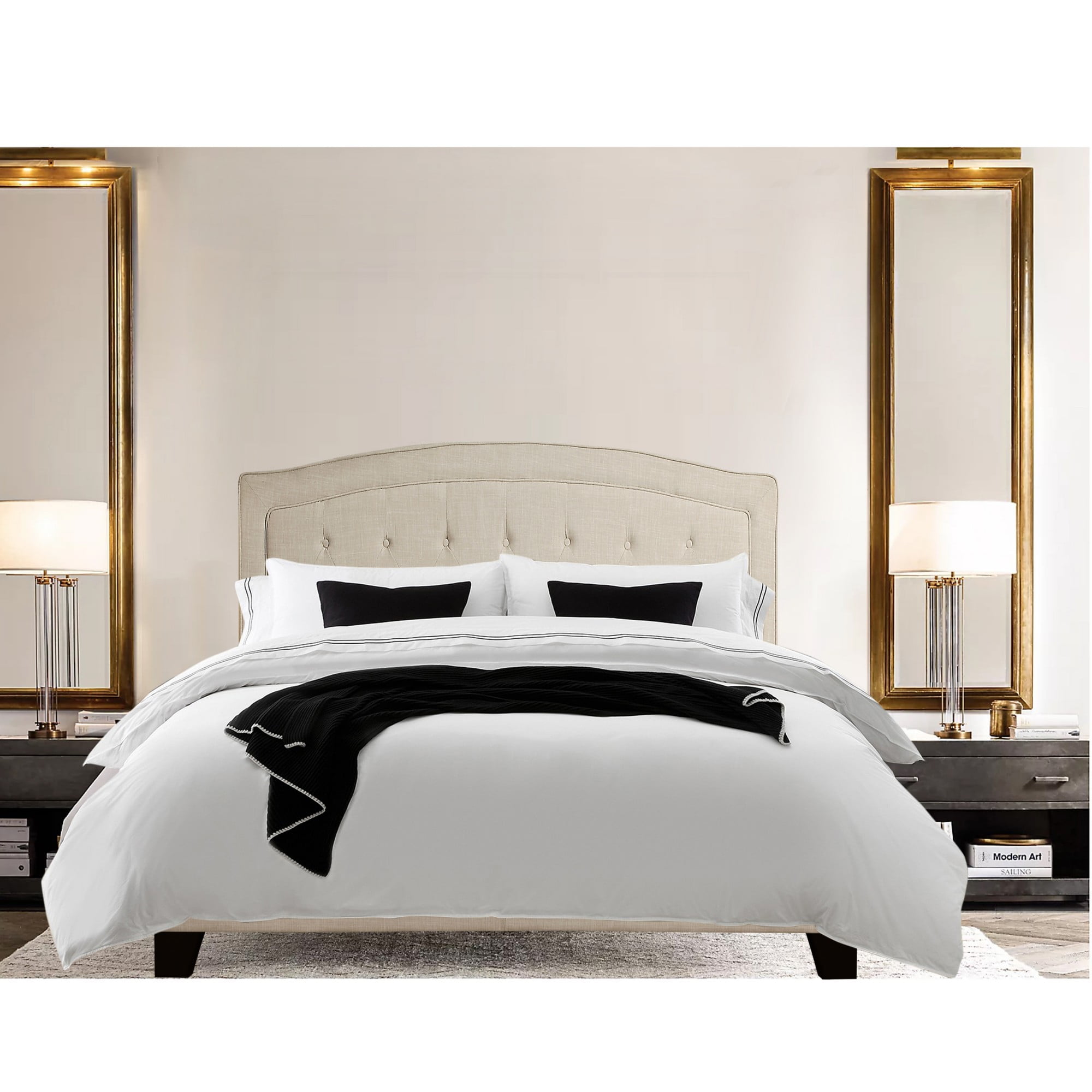 Gewnee King Size Beige Linen Upholstered Bed Frame, Solid Wood Slat Support & Sturdy Structure, Ideal for Bedroom, Box Spring Required