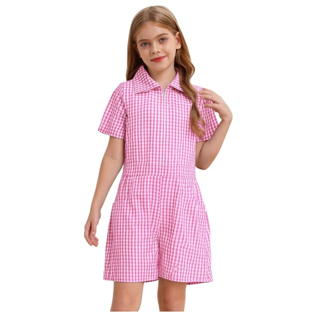 Sinleey Robe d'Été à Carreaux pour Filles, Manches Courtes, Fermeture Éclair, Uniforme de Jeu avec Poches, Rose 16