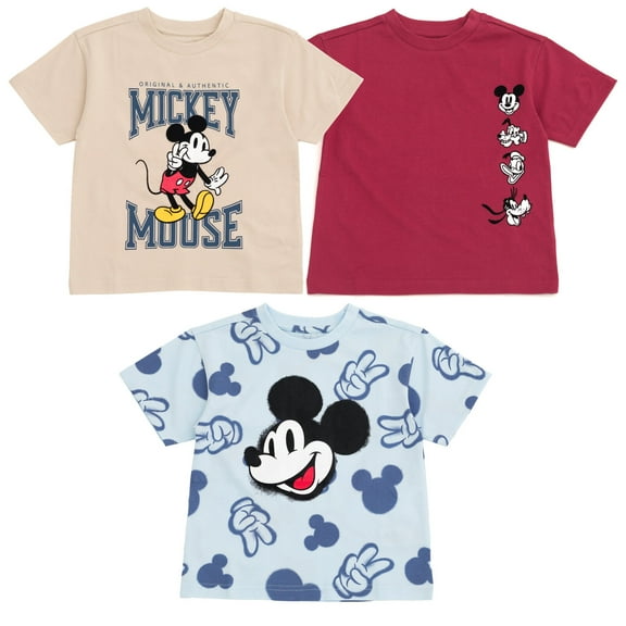 Disney Mickey Mouse Big Boys' 3-Pack Short Sleeve T-Shirts Beige Burgundy Blue
