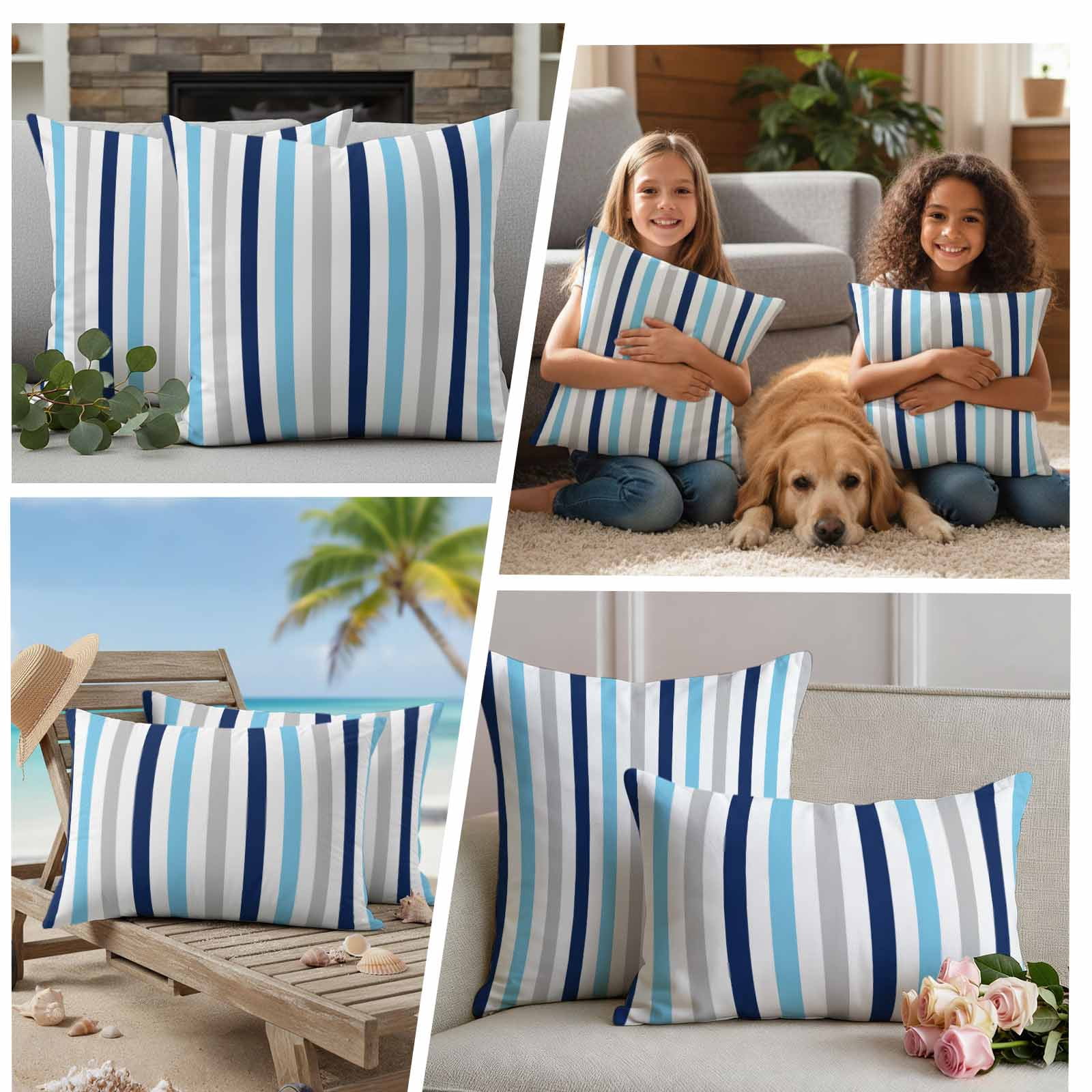 Blue Grey Stripe Outdoor Waterproof Pillow Covers, Geometric White Vertical Striped Decorative Square Throw Pillowcase Sofa Cushion Sham for Patio/Couch/Chair, 16"x16" 2 Pack