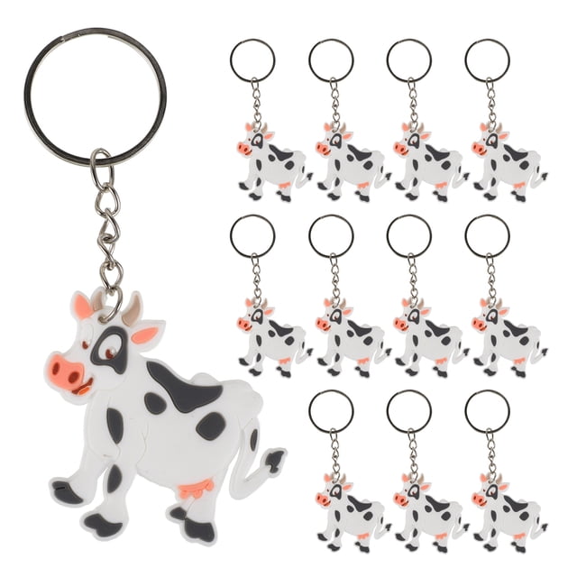 12 llaveros de vaca con diseño de animales, de dibujos animados, con dijes colgantes de vaca.