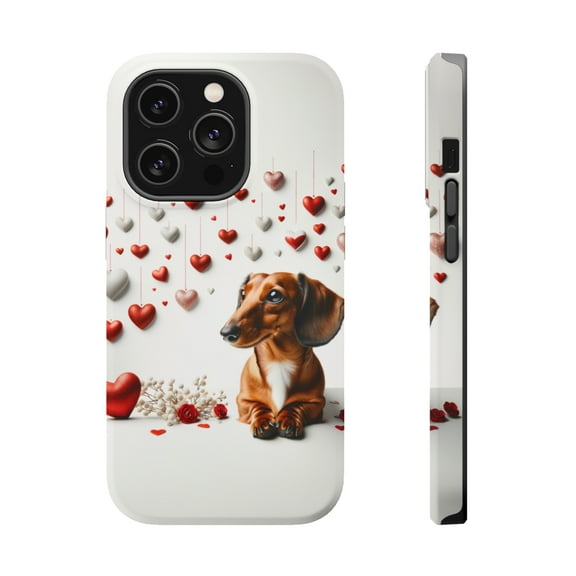 DistinctInk Tough Case for Apple iPhone 14 Pro MAX (6.7" Screen), Compatible with MagSafe Charging - Valentine's Day Dachshund